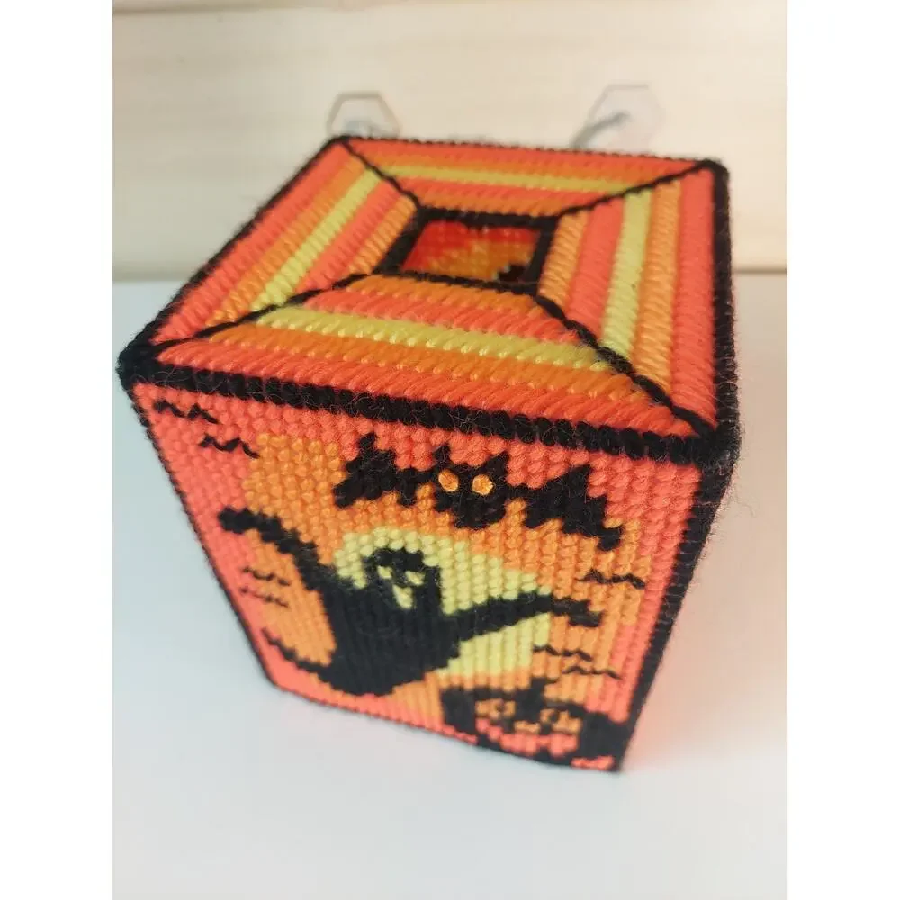 Vintage Handmade Needlepoint Tissue Box Holder Plastic Canvas Halloween Fall